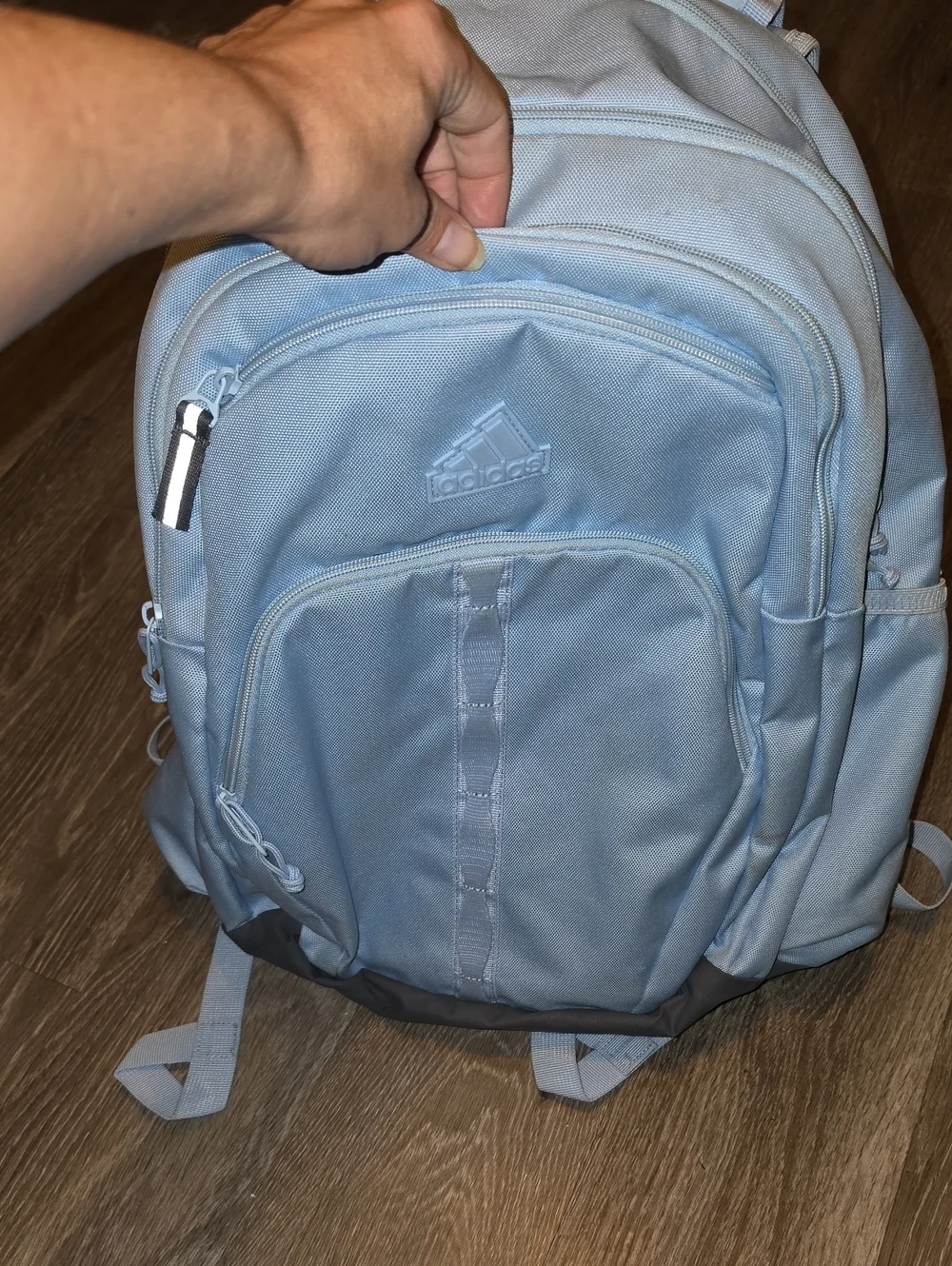 Adidas Womens Backpack, Baby Blue And Gray!! Preowned,4 Zippered Closures